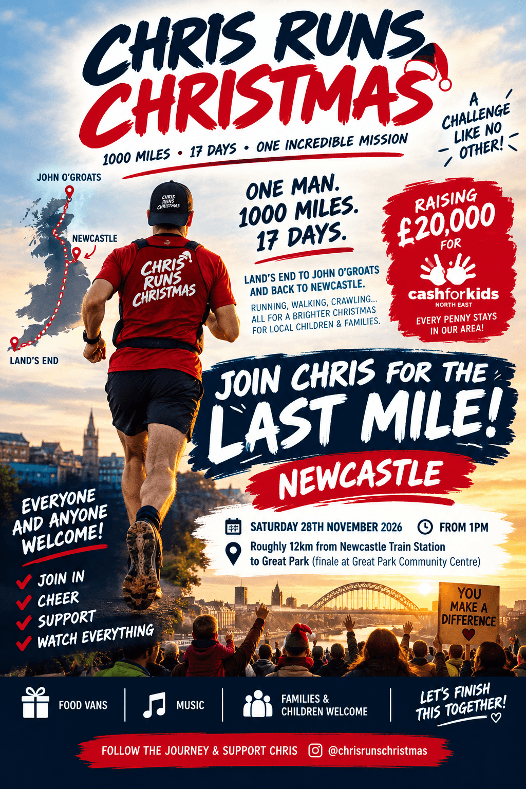 Chris Runs Christmas campaign poster for the 1,000-mile charity challenge and Newcastle finish on 28 November 2026